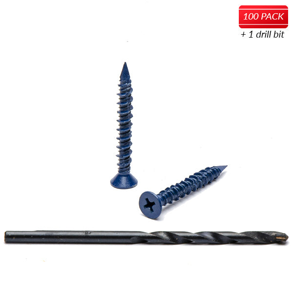 3/16" x 1-1/4" Phillips Flat Head Blue Concrete Screws to Anchor Masonry, Block & Brick 100 Qty with Drill Bit by Bridge Fasteners