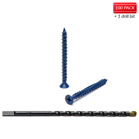 3/16" x 2-1/4" Phillips Flat Head Blue Concrete Screws to Anchor Masonry, Block & Brick 100 Qty with Drill Bit by Bridge Fasteners