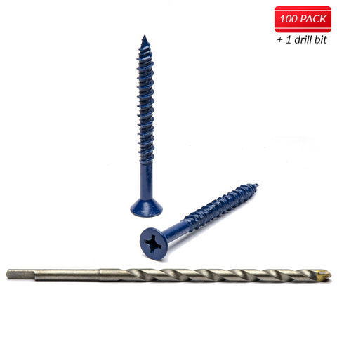 1/4" X 2-3/4" Phillips Flat Head Blue Concrete Screws to Anchor Masonry, Block & Brick 100 Qty with Drill Bit by Bridge Fasteners
