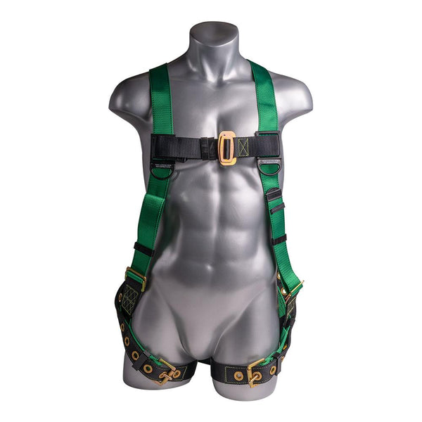 Construction Safety Harness 5 Point, Grommet Legs, Back D-Ring, Green - Defender Safety Products