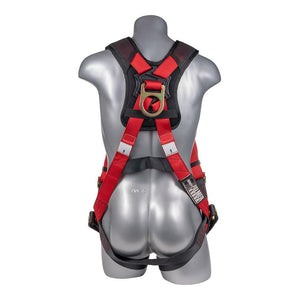 Construction Safety Harness 5 Point, Padded Back, Padded Grommet Legs, Back D-Ring, Red/Black - Defender Safety Products