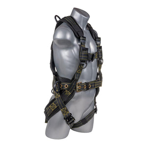 Construction Safety Harness 5 Point, Revolta Padded Back, Padded Grommet Legs, Back D-Ring, Black with Yellow Threading - Defender Safety Products