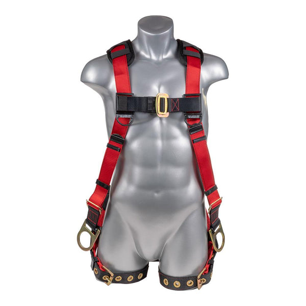 Construction Safety Harness 5 Point, Grommet Legs, Padded Back, Back/Side D-Ring, Red - Defender Safety Products