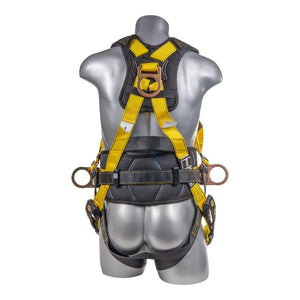 Construction Safety Harness 5 Point, Back Padded, QCB Chest, Grommet Legs, Back/Side D-Rings, Positioning Belt, Yellow - Defender Safety Products