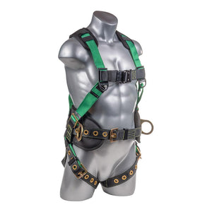 Construction Safety Harness 5 Point, Back Padded, QCB Chest, Grommet Legs, Back/Side D-Ring, Positioning Belt, Green - Defender Safety Products