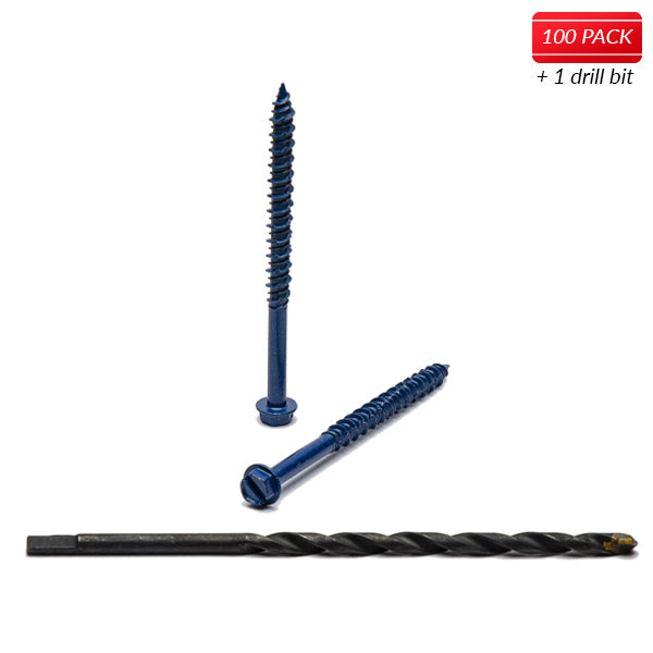 3/16" X 1-1/4" Hex Head Blue Concrete Screws to Anchor Masonry, Block & Brick 100 Qty with Drill Bit by Bridge Fasteners