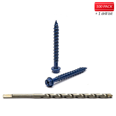 1/4" X 2-3/4" Hex Head Blue Concrete Screws to Anchor Masonry, Block & Brick 100 Qty with Drill Bit by Bridge Fasteners