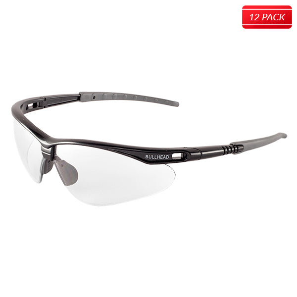 Bullhead BH691 Stinger Safety Glasses - Gray Frame - Clear Lens 12 Pack - Bridge Fasteners
