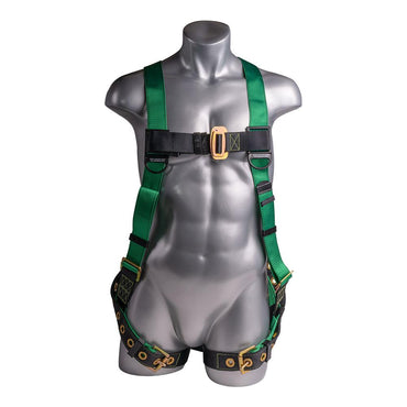Construction Safety Harness 5 Point, Grommet Legs, Back D-Ring, Green - Defender Safety Products