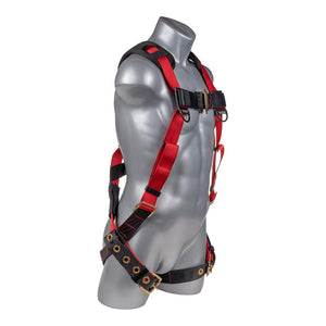 Construction Safety Harness 5 Point, Padded Back, Padded Grommet Legs, Back D-Ring, Red/Black - Defender Safety Products