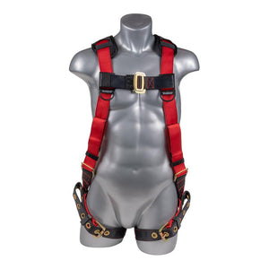 Construction Safety Harness 5 Point, Padded Back, Padded Grommet Legs, Back D-Ring, Red/Black - Defender Safety Products