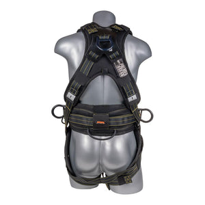 Construction Safety Harness 5 Point, Revolta Padded Back, Padded Grommet Legs, Back D-Ring, Black with Yellow Threading - Defender Safety Products