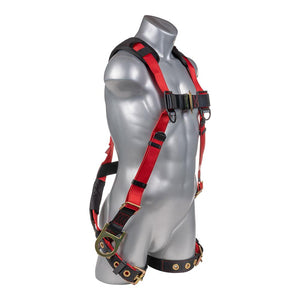 Construction Safety Harness 5 Point, Grommet Legs, Padded Back, Back/Side D-Ring, Red - Defender Safety Products