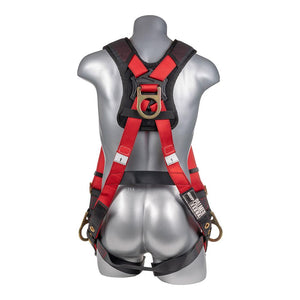 Construction Safety Harness 5 Point, Grommet Legs, Padded Back, Back/Side D-Ring, Red - Defender Safety Products