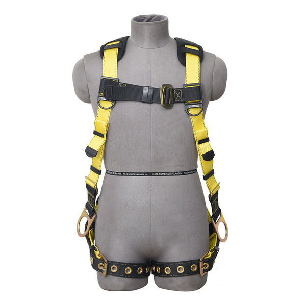 PALMER SAFETY HARNESS 5PT. GROMMET LEG, PADDED BACK, BACK/SIDE D-RINGS, YELLOW COLOR - Bridge Fasteners