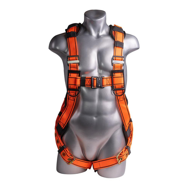 Construction Safety Harness 5 Point, QCB, Padded Back, Grommet Legs, Back D-Rings, Orange - Defender Safety Products
