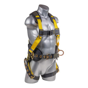 Construction Safety Harness 5 Point, Back Padded, QCB Chest, Grommet Legs, Back/Side D-Rings, Positioning Belt, Yellow - Defender Safety Products