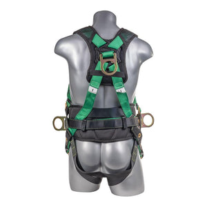 Construction Safety Harness 5 Point, Back Padded, QCB Chest, Grommet Legs, Back/Side D-Ring, Positioning Belt, Green - Defender Safety Products