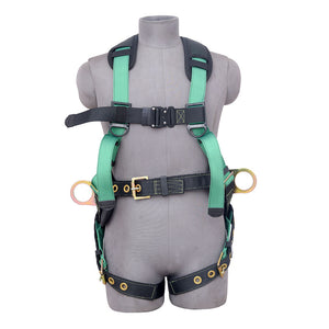 5PT. HARNESS BACK PADDED, QCB CHEST, GROMMET LEG, BACK/SIDE D-RINGS, POSITIONING BELT . GREEN COLOR - Bridge Fasteners