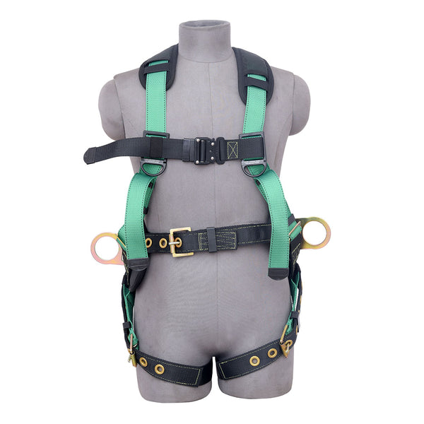 5PT. HARNESS BACK PADDED, QCB CHEST, GROMMET LEG, BACK/SIDE D-RINGS, POSITIONING BELT . GREEN COLOR - Bridge Fasteners