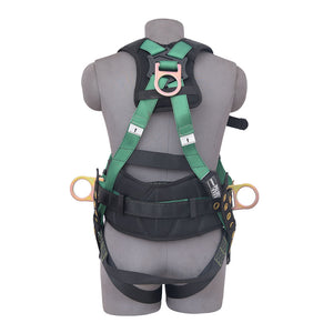 5PT. HARNESS BACK PADDED, QCB CHEST, GROMMET LEG, BACK/SIDE D-RINGS, POSITIONING BELT . GREEN COLOR - Bridge Fasteners