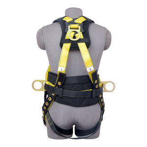 5PT. HARNESS BACK PADDED, QCB CHEST, GROMMET LEG, BACK/SIDE D-RINGS, POSITIONING BELT. YELLOW COLOR - Bridge Fasteners